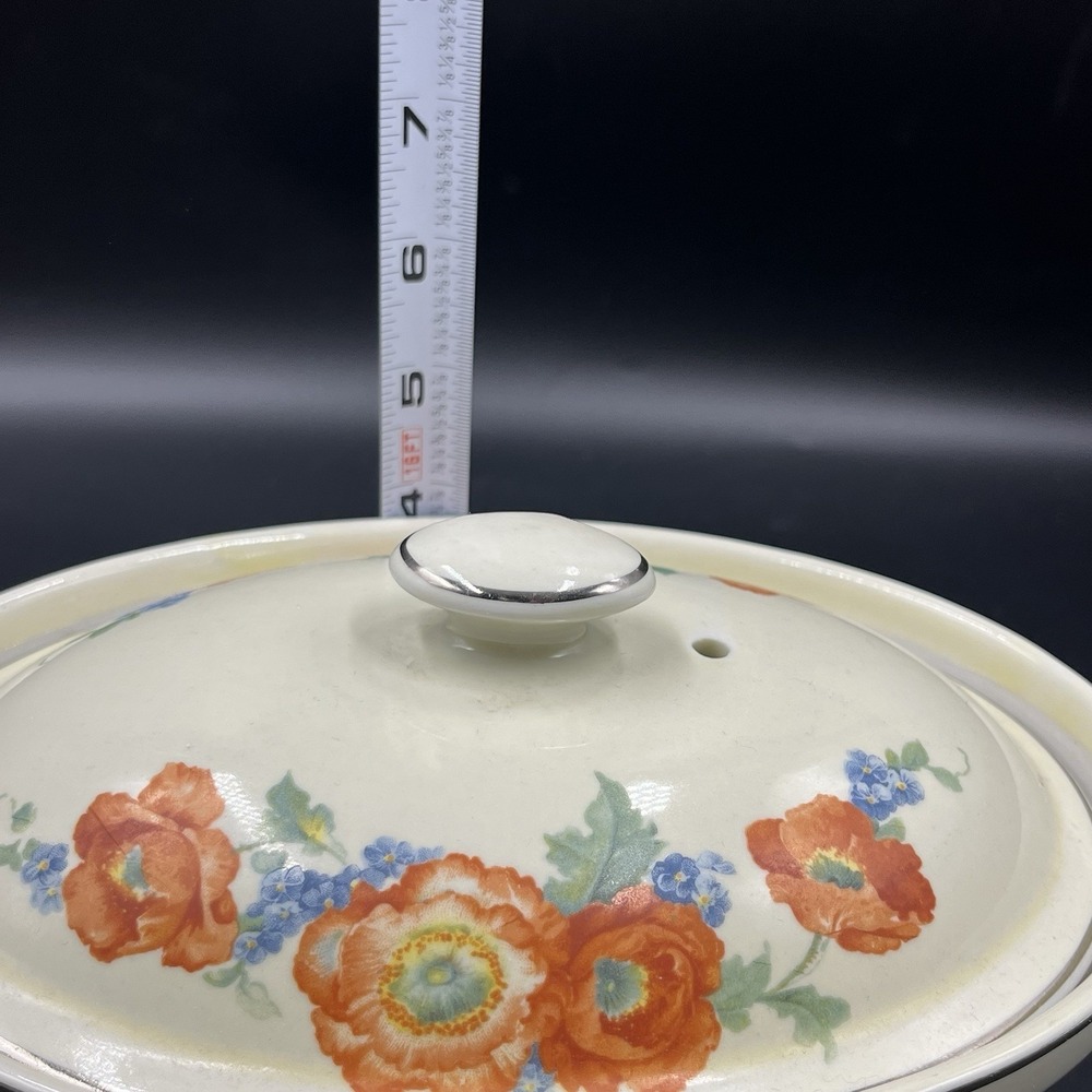 Hall Orange Poppy Casserole wLid‎ Oval Platinum Trim Orange Blue Green - Picture 10 of 11